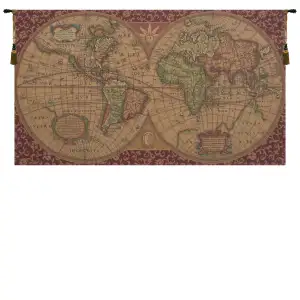 Old Map of the World Red European Tapestry Wall Hanging 25x45 Inch Cotton Jacquard Woven Wall Tapestry