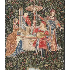 The Concert Blue Belgian Tapestry Wall Hanging 40 in. x 34 in Medieval Music Scene Jacquard Woven Wall Art