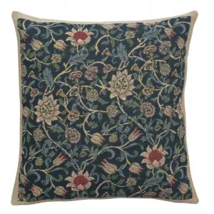 Blue Flowers Belgian Tapestry Pillow Cover 16x16 inch Cotton Jacquard Woven Cushion Cover