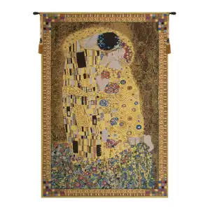 Gustav Klimt The Kiss Yellow Vintage Tapestry Wall Hanging 49 x 33 in Art Nouveau Romantic Jacquard Woven Wall Art - D - H 24" x W 16"