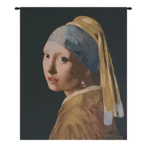 Johannes Vermeer Girl with Pearl Vintage Tapestry Wall Hanging 32 x 26 in Dutch Master Portrait Jacquard Woven Wall Art