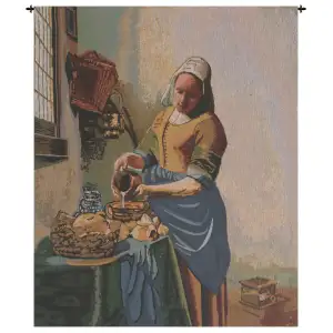 Johannes Vermeer The Kitchen Maid Vintage Tapestry Wall Hanging 32 x 26 in Dutch Master Kitchen Scene Jacquard Woven Wall Art