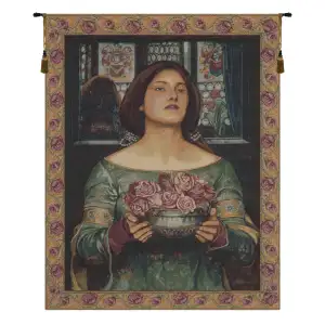 John William Waterhouse Offering Rose Vintage Tapestry Wall Hanging 54 x 38 Pre-Raphaelite Romantic Woman Jacquard Woven Wall Art