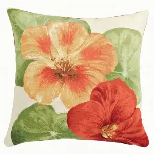 Nasturtium Two White French Tapestry Pillow Cover 19x19 Inch Cotton Jacquard Woven Cushion Cover
