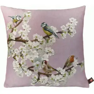 Passerines on Branch Pink French Tapestry Pillow Cover 19x19 Inch Cotton Jacquard Woven Cushion Cover