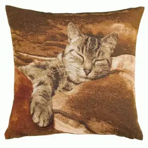 Sleeping Cat Brown French Tapestry Pillow Cover 19x19 Inch Cotton Jacquard Woven Cushion Cover