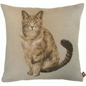 Tabby Cat Sitting Light Grey French Tapestry Pillow Cover 19x19 Inch Cotton Jacquard Woven Cushion Cover