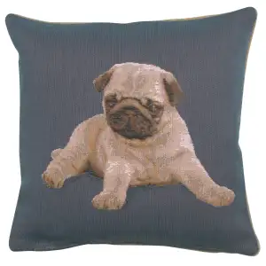 Thomas Theodor Heine Puppy Pug Blue Tapestry Pillow Cover 14x14 Inch Cotton Jacquard Woven Cushion Cover