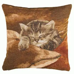 Sleeping Cat Brown French Tapestry Pillow Cover 14x14 Inch Cotton Jacquard Woven Cushion Cover
