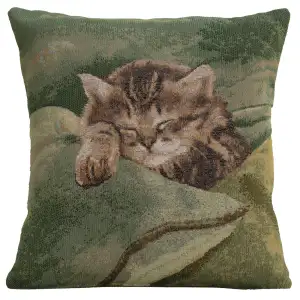 Alexandre Francois Sleeping Cat Green Tapestry Pillow Cover 14x14 Inch Cotton Jacquard Woven Cushion Cover