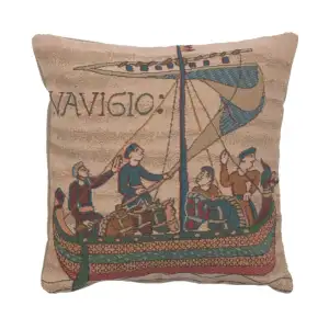 Bayeux The Boat Tapestry Pillow Cover 14x14 Inch Cotton Jacquard Woven Cushion Cover