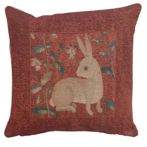 Medieval Sitting Rabbit in Red Tapestry Pillow Cover 14x14 Inch Cotton Jacquard Woven Cushion Cover
