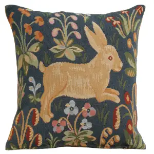 Medieval Running Rabbit in Blue Tapestry Pillow Cover 14x14 Inch Cotton Jacquard Woven Cushion Cover
