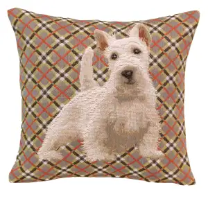 White Scottish Dog French Tapestry Pillow Cover  14x14 Inch Cotton Jacquard Woven Cushion Cover