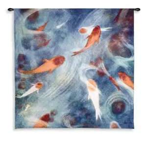 Wildlife Koi Pond Large Tapestry Wall Hanging 53 x 53 in Japanese Fish Water Garden Jacquard Woven Wall Art