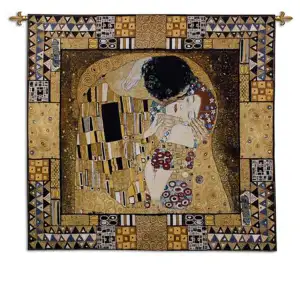 Kiss Captured I Tapestry Wall Art 26 in. x 26 in. Gustav Klimt Romantic Art Nouveau Jacquard Woven Wall Hanging