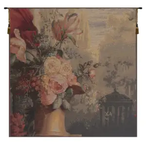 Pierre Joseph Redoute Kiosk and Flowers French Tapestry Wall Hanging 28x28 Inch Cotton Jacquard Woven Wall Tapestry