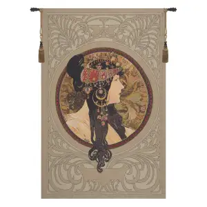 Alphonse Mucha Brunette Byzantine European Tapestry Wall Hanging 56x38 Inch Cotton Jacquard Woven Wall Tapestry