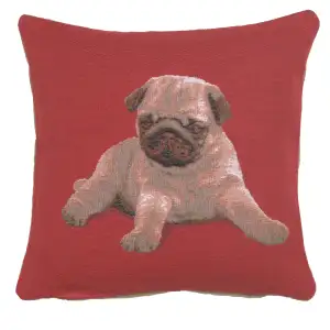 Thomas Theodor Heine Puppy Pug Red Tapestry Pillow Cover 14x14 Inch Cotton Jacquard Woven Cushion Cover