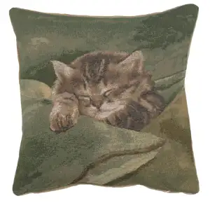 Sleeping Cat Blue French Tapestry Pillow Cover 14x14 Inch Cotton Jacquard Woven Cushion Cover