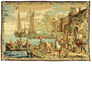 L'Arrivee au Port French Tapestry Wall Hanging 50x74 Inch Cotton Jacquard Woven Wall Tapestry