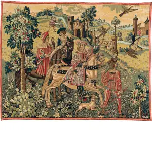 Depart De Chasse French Tapestry 34x46 Hunting Scene Hunters Horses Hounds Jacquard Woven Wall Hanging Traditional Home Decor