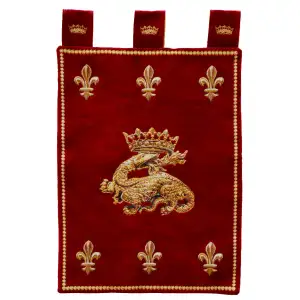 La Salamandre French Tapestry 22x16 Medieval Salamander Heraldic Jacquard Woven Wall Hanging Renaissance Castle Decor