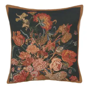 Floral Flora Cotta Black Tapestry Pillow Cover 16x16 Inch Cotton Jacquard Woven Cushion Cover