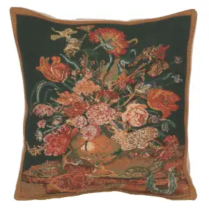 Floral Flora Cotta Black Tapestry Pillow Cover 16x16 Inch Cotton Jacquard Woven Cushion Cover