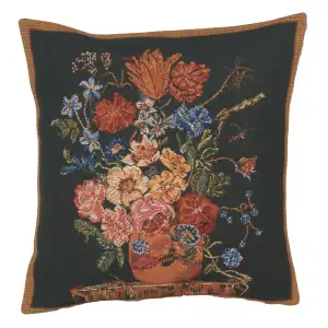 Floral Terra Cotta Black Tapestry Pillow Cover 16x16 Inch Cotton Jacquard Woven Cushion Cover