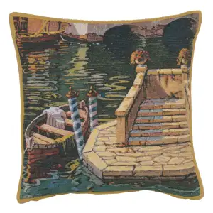 Robert Pejman Varenna Reflections Boat Tapestry Pillow Cover 17x17 Inch Cotton Jacquard Woven Cushion Cover