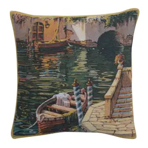 Robert Pejman Varenna Reflections Boat Tapestry Pillow Cover 17x17 Inch Cotton Jacquard Woven Cushion Cover