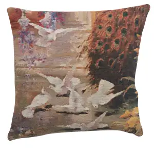 Peacock & Doves Belgian Tapestry Pillow Cover 17x17 Inch Cotton Jacquard Woven Cushion Cover