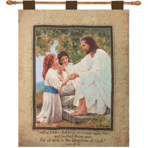 Suffer The Little Children Wallhanging Fine Art Tapestry 36x26 Christian Religious Jesus Jacquard Woven Wall Art Home Decor