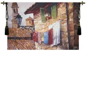 Laundry Day Fine Art Tapestry 48x70 Country Cottage Landscape Jacquard Woven Wall Hanging Rustic Home Decor